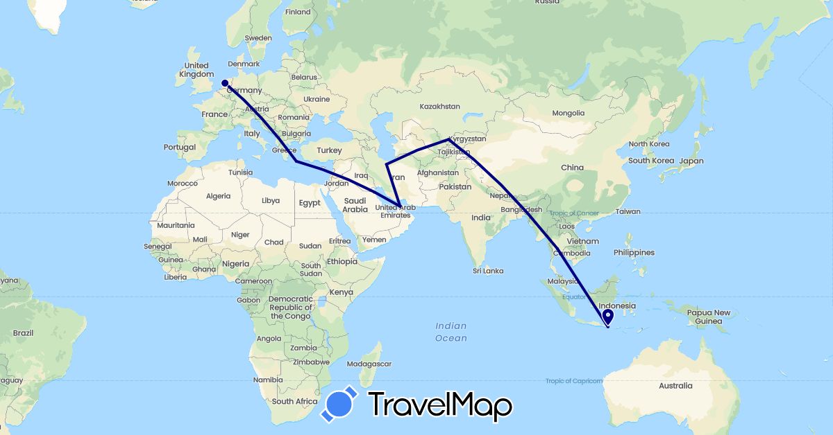 TravelMap itinerary: driving in United Arab Emirates, Greece, Indonesia, Iran, Netherlands, Thailand, Uzbekistan (Asia, Europe)